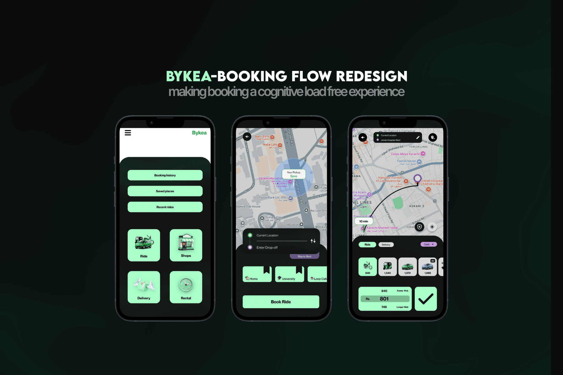 Bykea booking flow redesign collage: three phone screens showing the home menu, map pickup, and ride confirmation with fare comparison, titled "Making booking a cognitive-load-free experience"