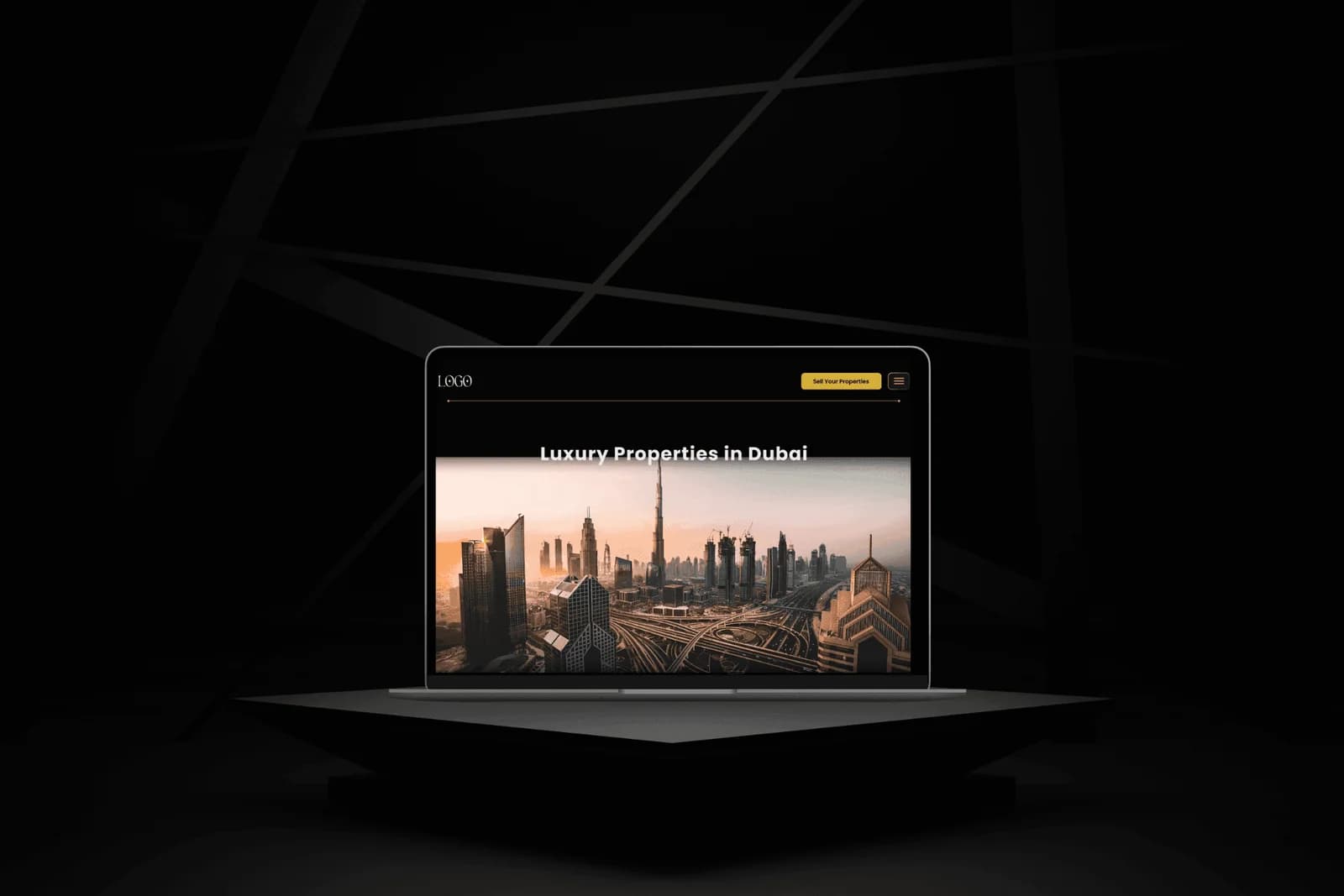 Sheraz Properties web platform hero on a laptop mockup, dark editorial layout with "Luxury Properties in Dubai" headline over a Dubai skyline image, yellow "Sell Your Properties" call-to-action in the top right