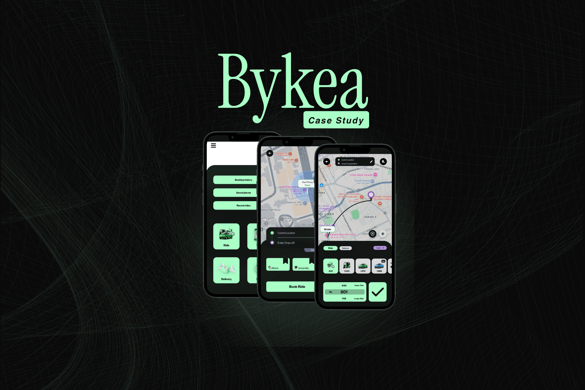 Bykea booking flow redesign, three phone mockups showing home menu, map pickup, and vehicle selection
