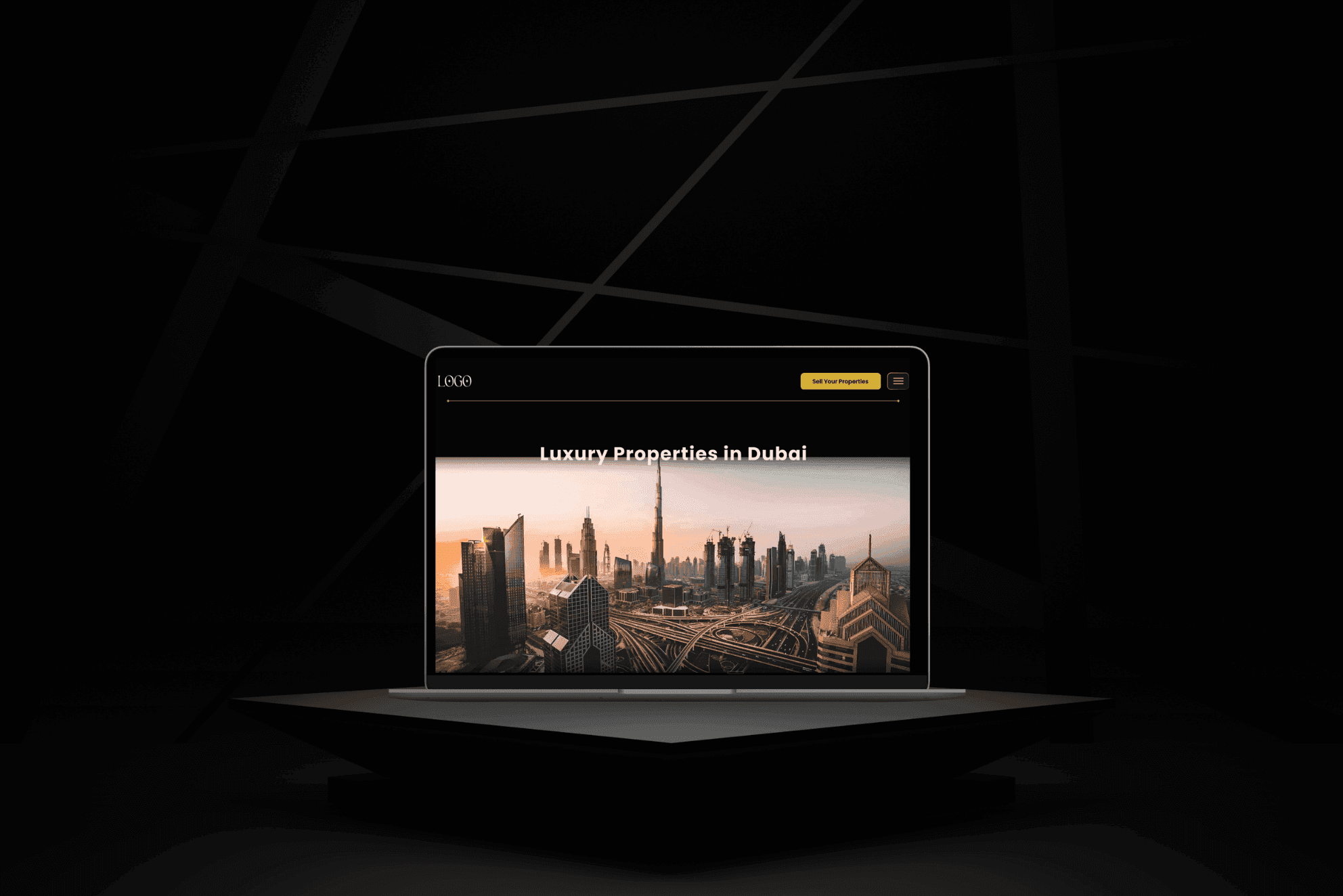 Sheraz Properties real estate platform hero on a laptop mockup with Dubai skyline photography and a yellow accent CTA