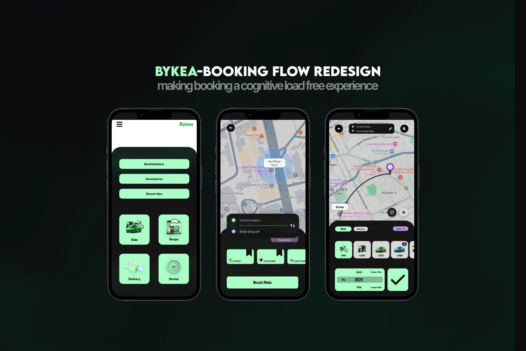 Bykea booking flow redesign collage: three phone screens showing the home menu, map pickup, and ride confirmation with fare comparison, titled "Making booking a cognitive-load-free experience"