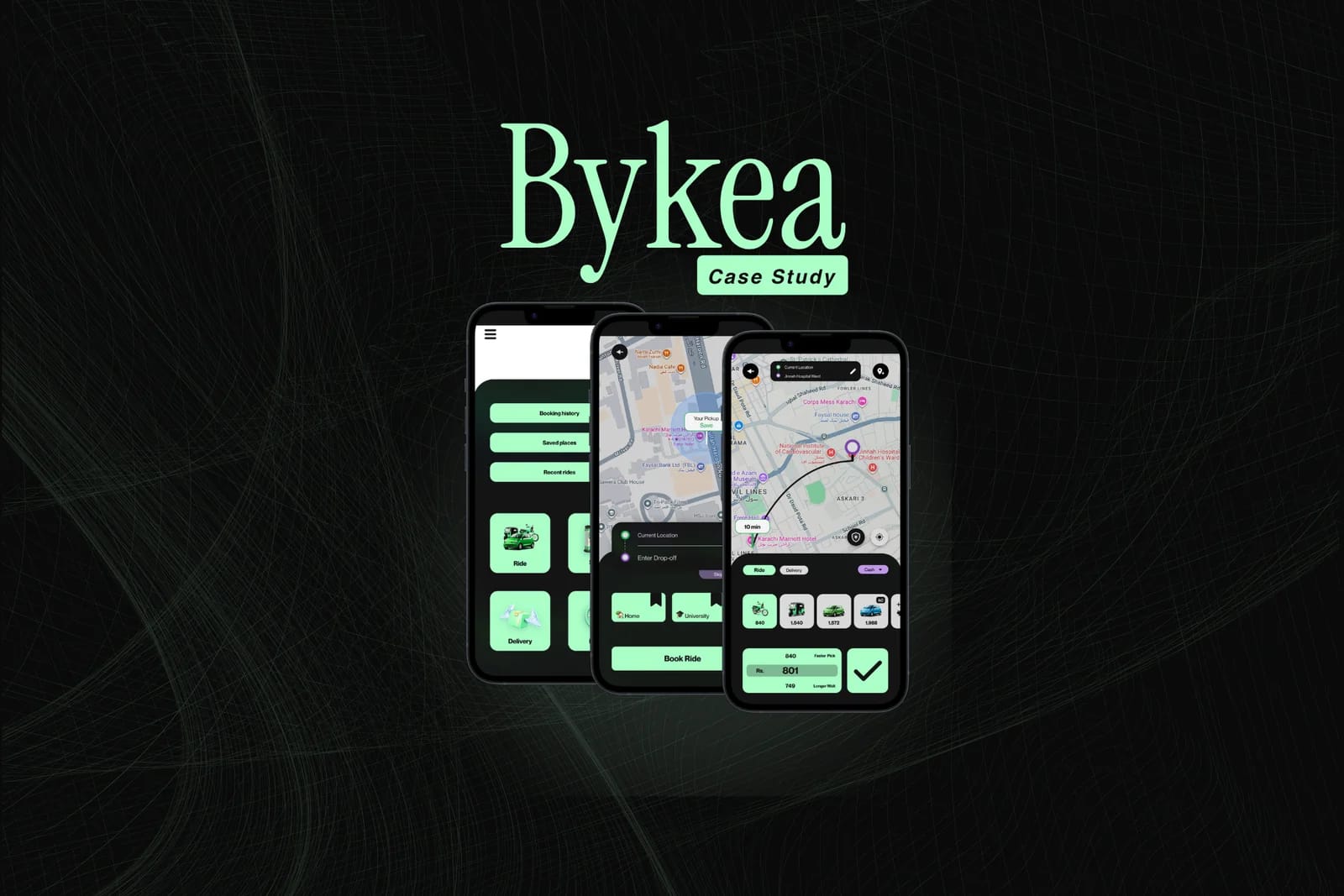 Bykea booking flow redesign, three phone mockups showing home menu, map pickup, and vehicle selection
