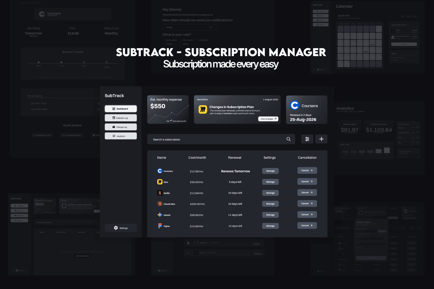 SubTrack subscription manager collage: billing detail, dashboard, calendar, and analytics screens layered on a dark ground with the "Subscription made every easy" tagline